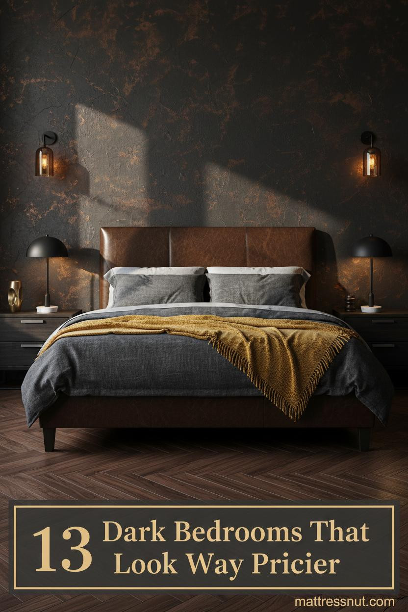 Dark luxury master bedroom with bronze-black plaster wall, walnut herringbone floor, charcoal linen bedding, mustard throw, and warm amber sconce lighting