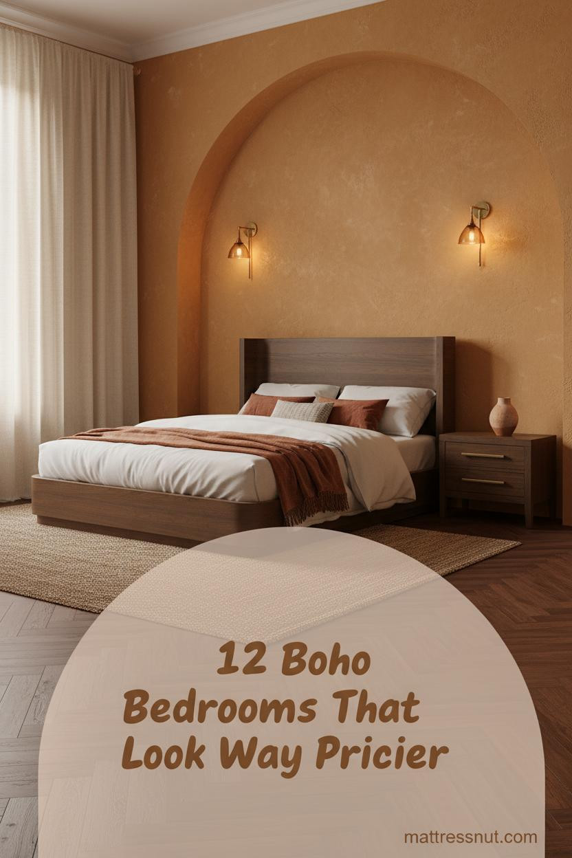 Warm ochre plaster accent wall with carved walnut arch, layered cream and rust linen bedding, jute rug, antique brass sconces, herringbone parquet floor