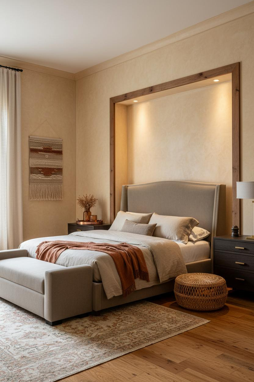 Luxury Boho Bedroom Ochre Plaster Walnut