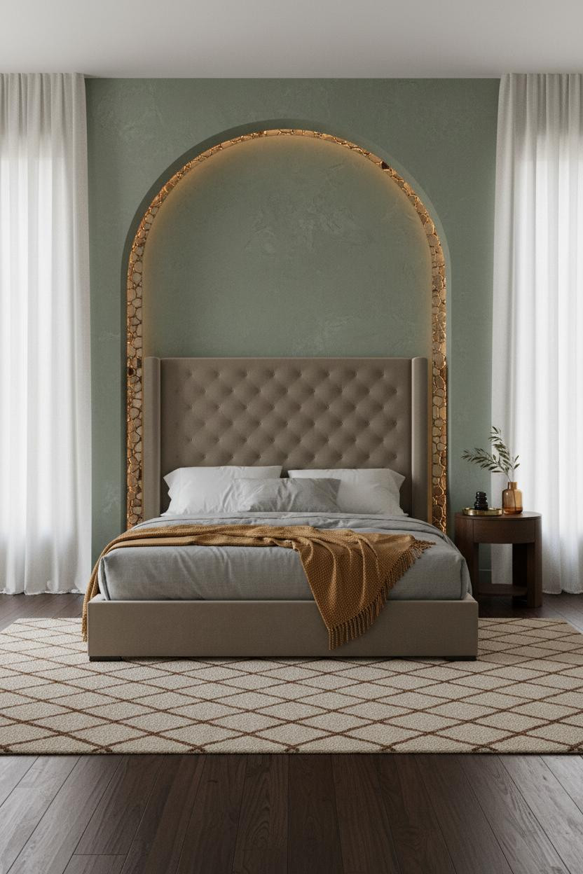 Luxury Boho Bedroom Sage Arch Brass