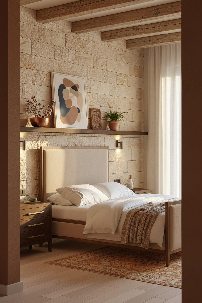 Luxury Boho Bedroom Travertine Accent Wall