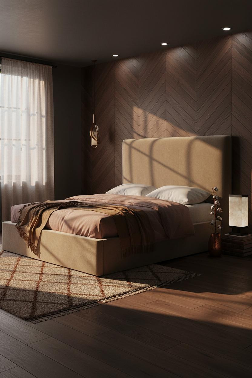 Luxury Boho Bedroom Walnut Herringbone