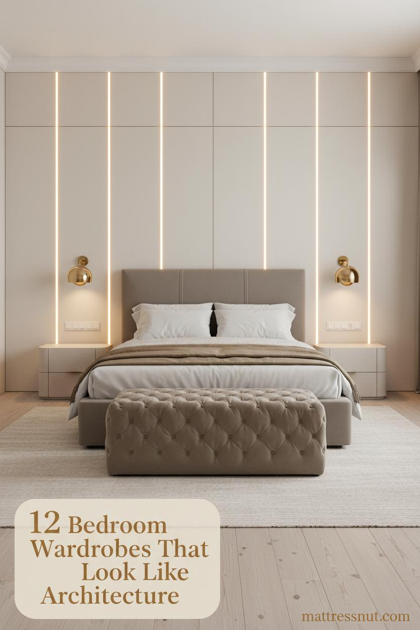 Master bedroom with full-wall ivory lacquer wardrobe panels, warm amber LED seam lighting, brass sconces, bleached oak floors, and linen bedding