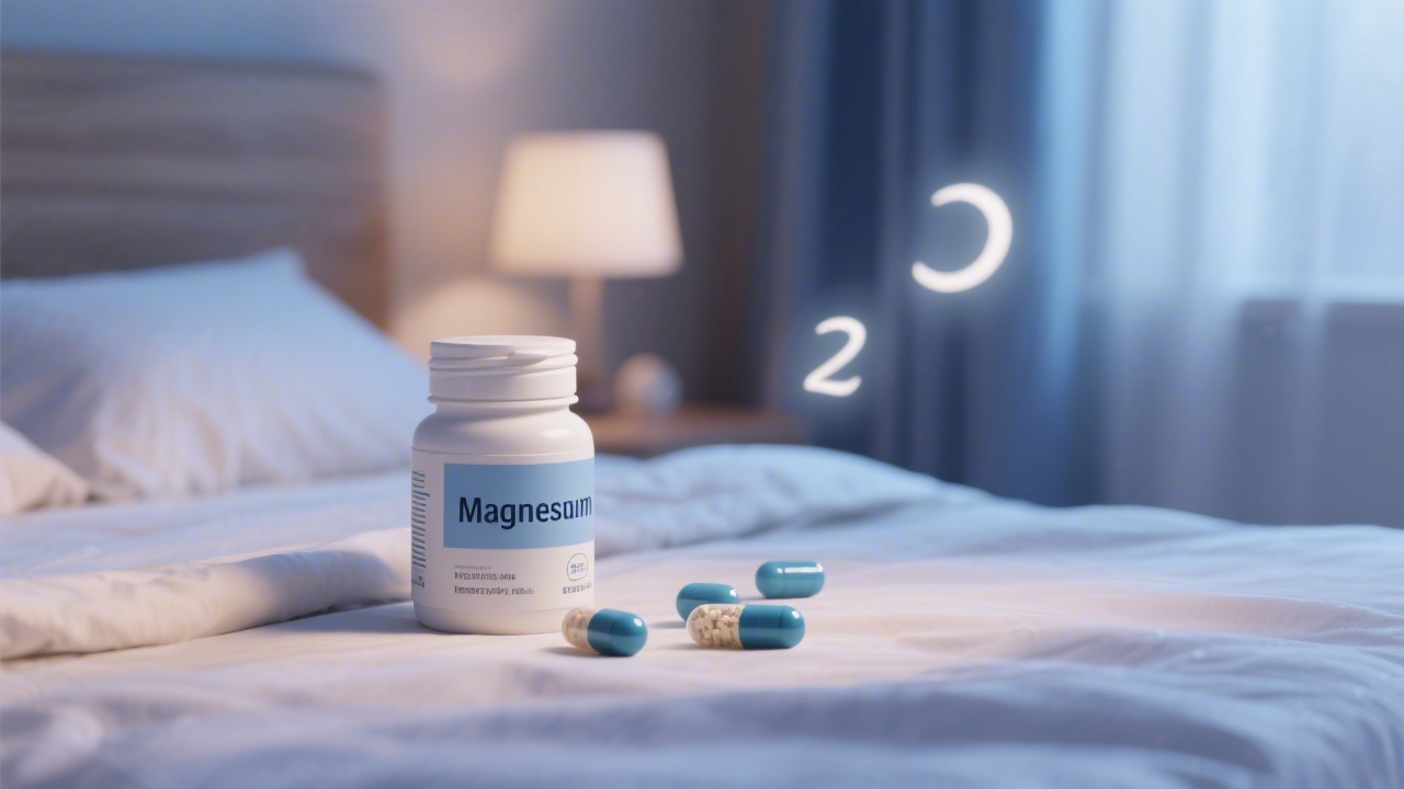 Magnesium supplement capsules on bedside table for sleep support