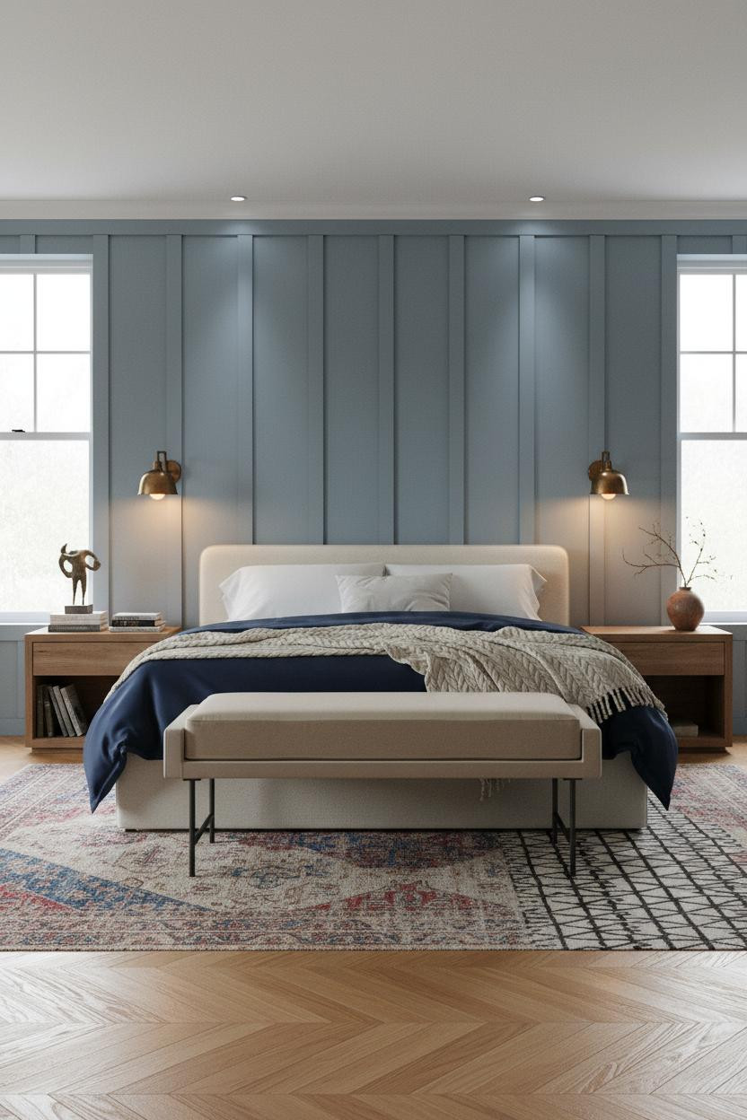 Master Bedroom Board And Batten Accent Wall Blue Grey Design