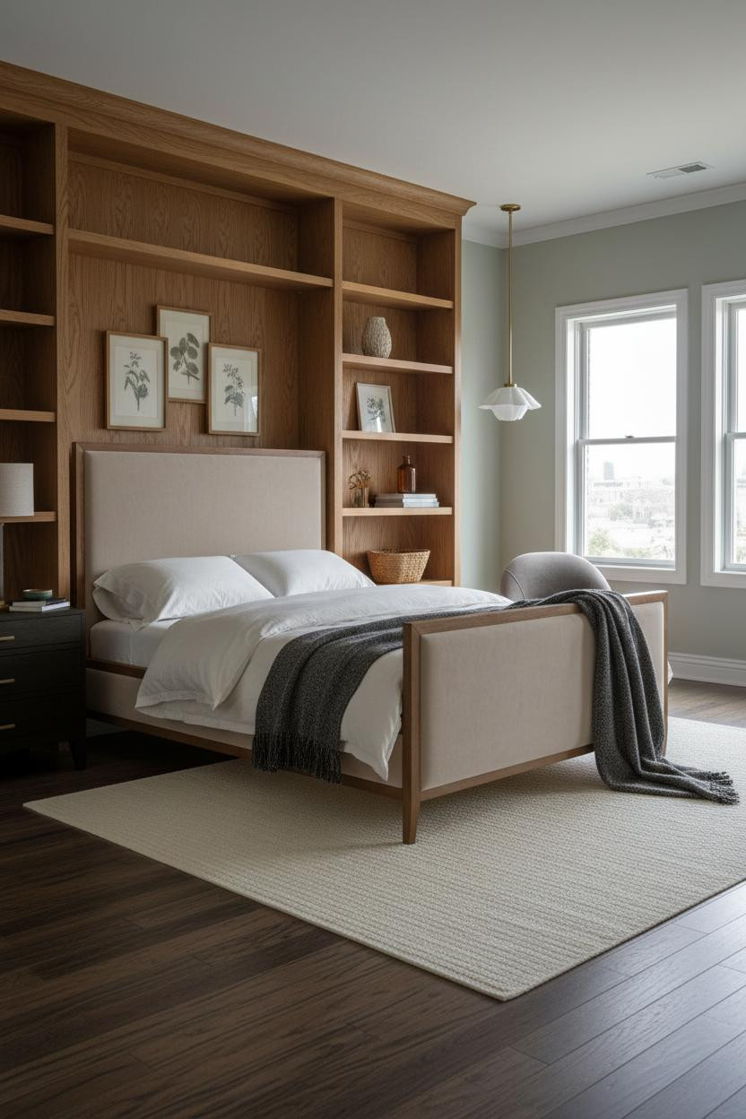 Large Master Bedroom Built In Shelving With Sage Walls Design