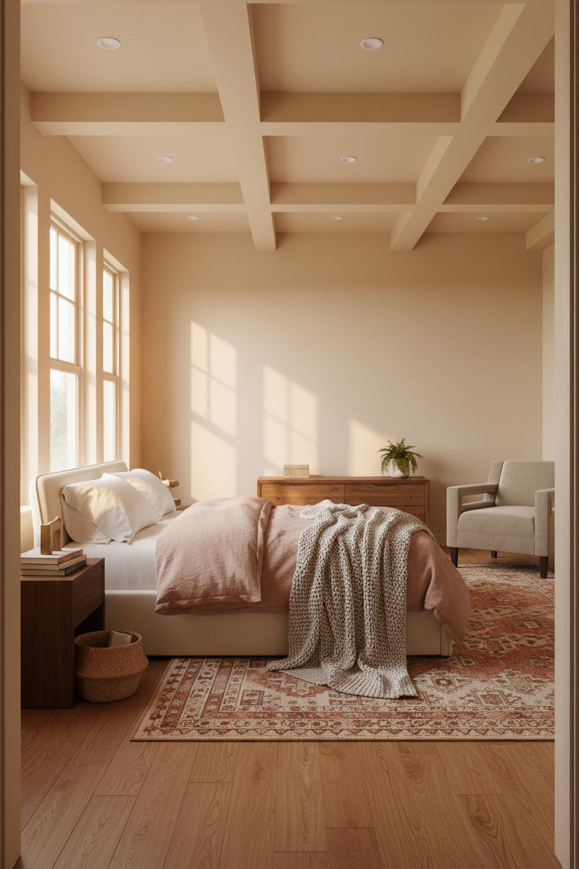 Large Master Bedroom Farmhouse Design With Coffered Ceiling