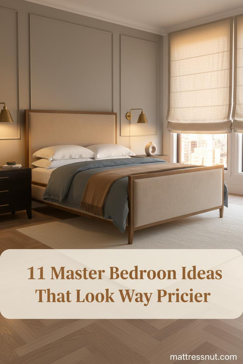 Master bedroom with warm greige plaster accent wall, bleached oak herringbone floor, brass sconces, slate linen duvet, and camel wool throw