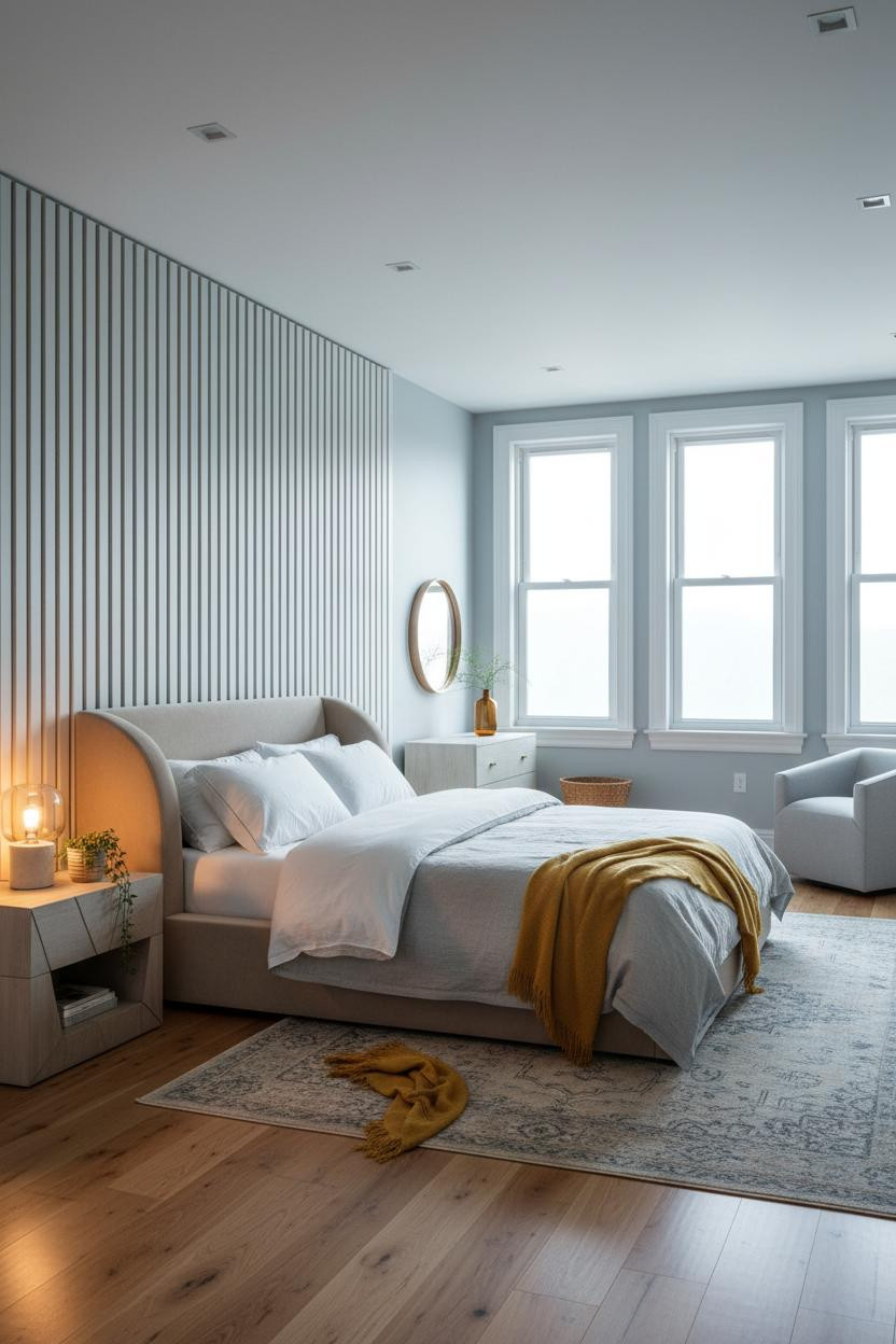 Large Master Bedroom Oak Slatted Wall Coastal Design