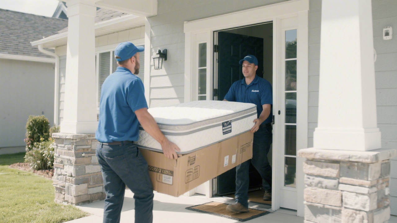 Mattress delivery team delivering a new mattress to a home