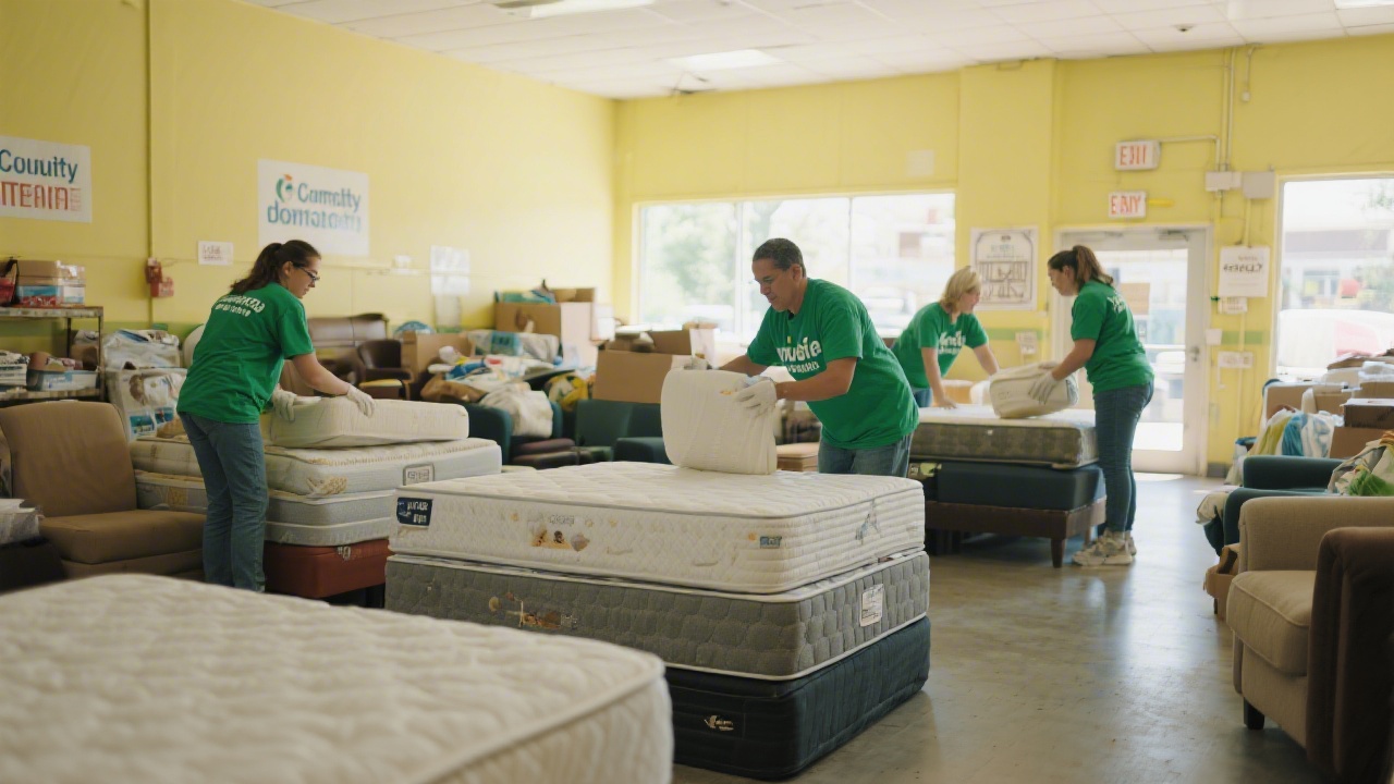 Volunteers organizing mattress donations at a community center