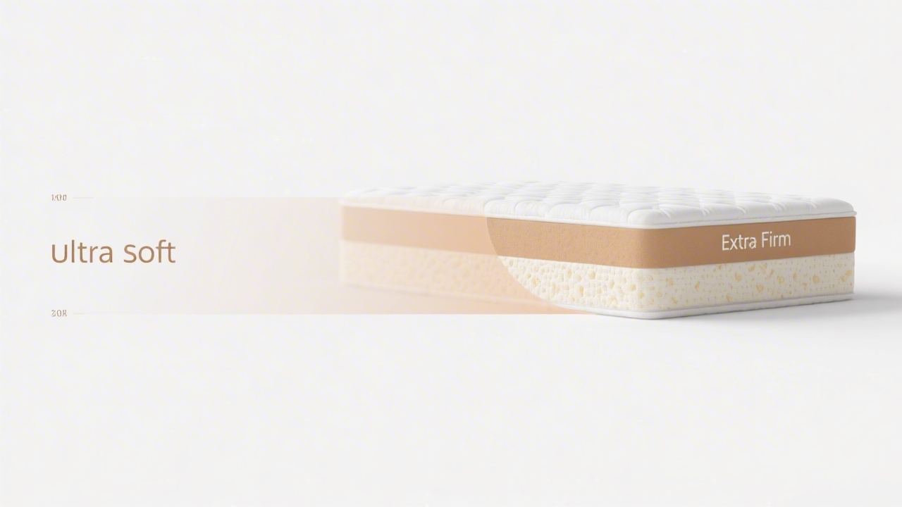 Mattress firmness scale visualization from ultra soft to extra firm showing cross-section layers