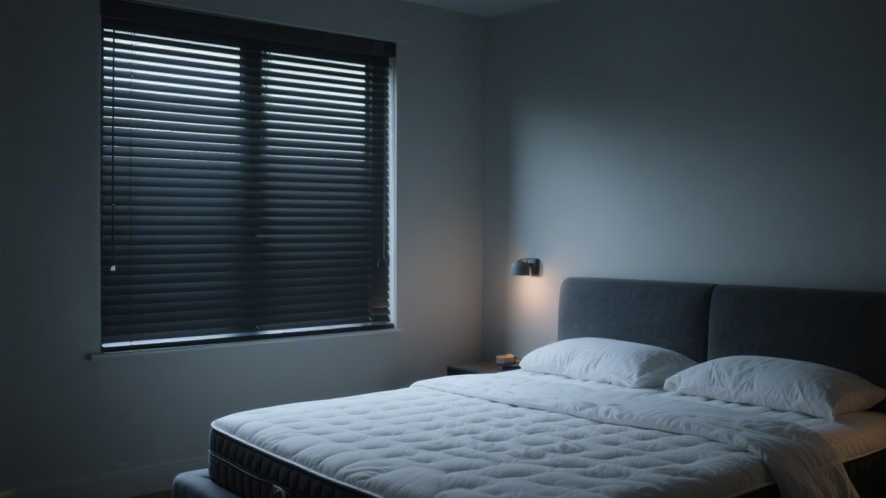 Quiet dark bedroom mattress setup for insomniacs reducing sleep barriers