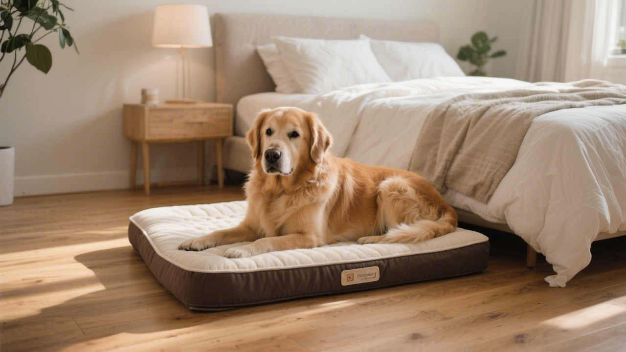 Large dog resting on orthopedic dog bed beside premium bed
