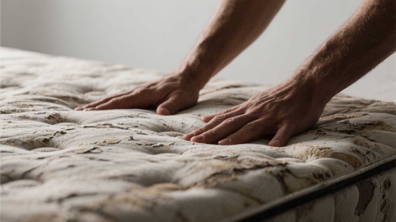 Hands examining lumpy mattress surface showing irregular texture and bumps