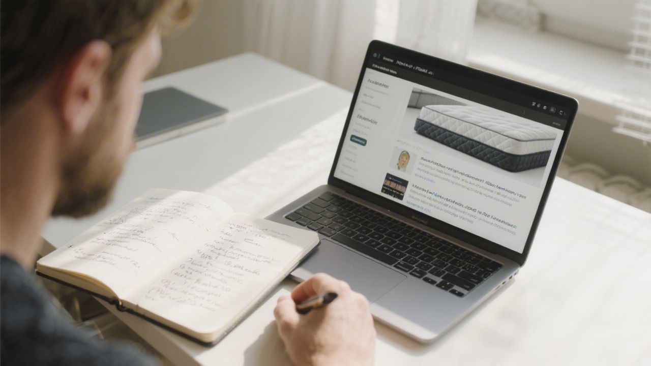Person researching mattress reviews on laptop