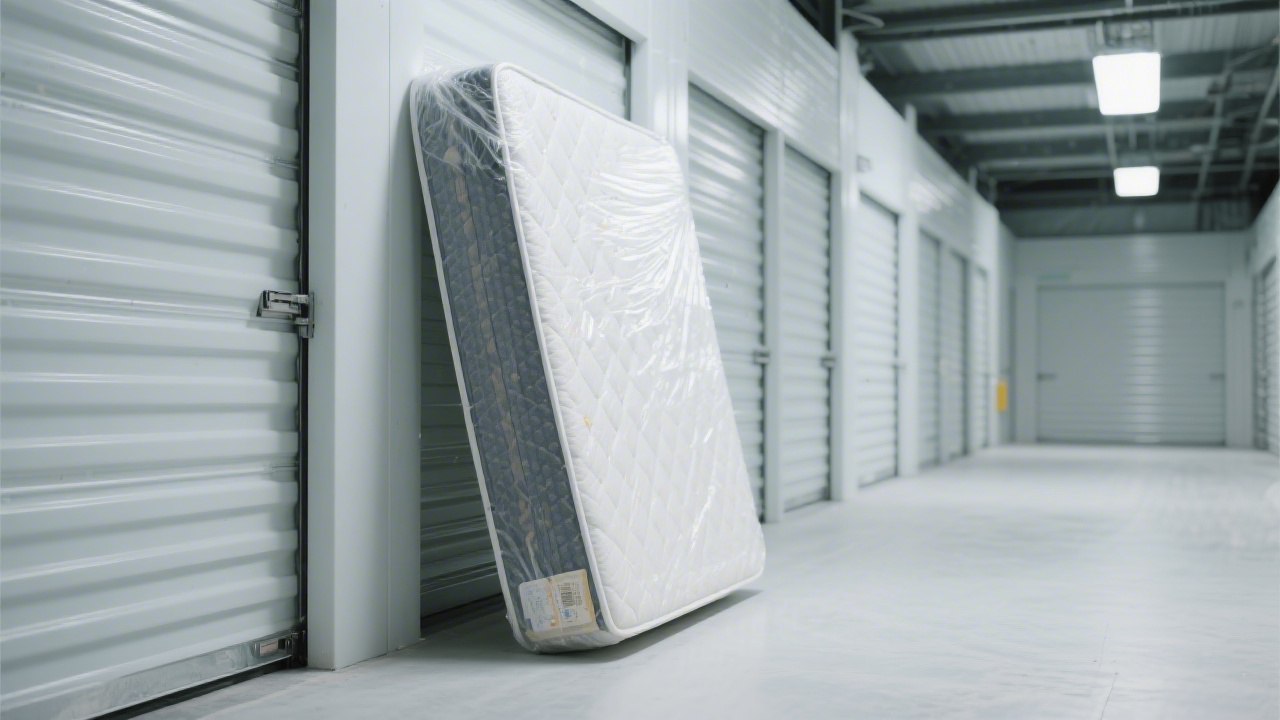 Mattress stored upright in a clean storage unit