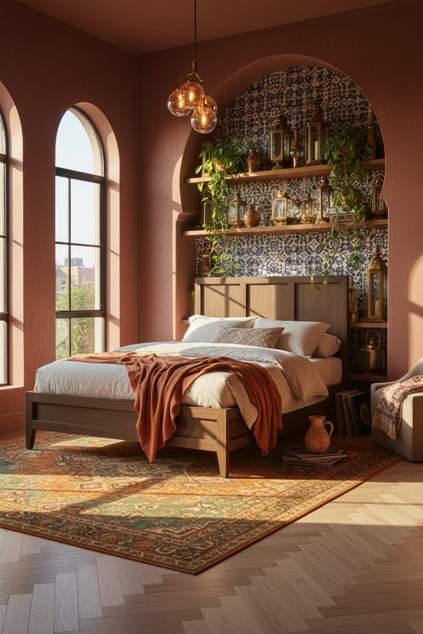 Maximalist Bedroom Eclectic Tile Brass