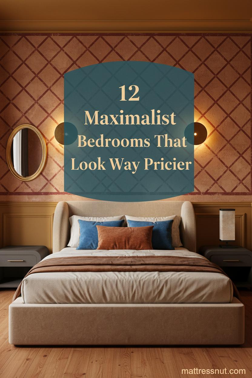 Maximalist bedroom with deep ochre wainscoting, stenciled burgundy panels, brass sconces, cobalt and rust pillows, and warm amber hardwood floors