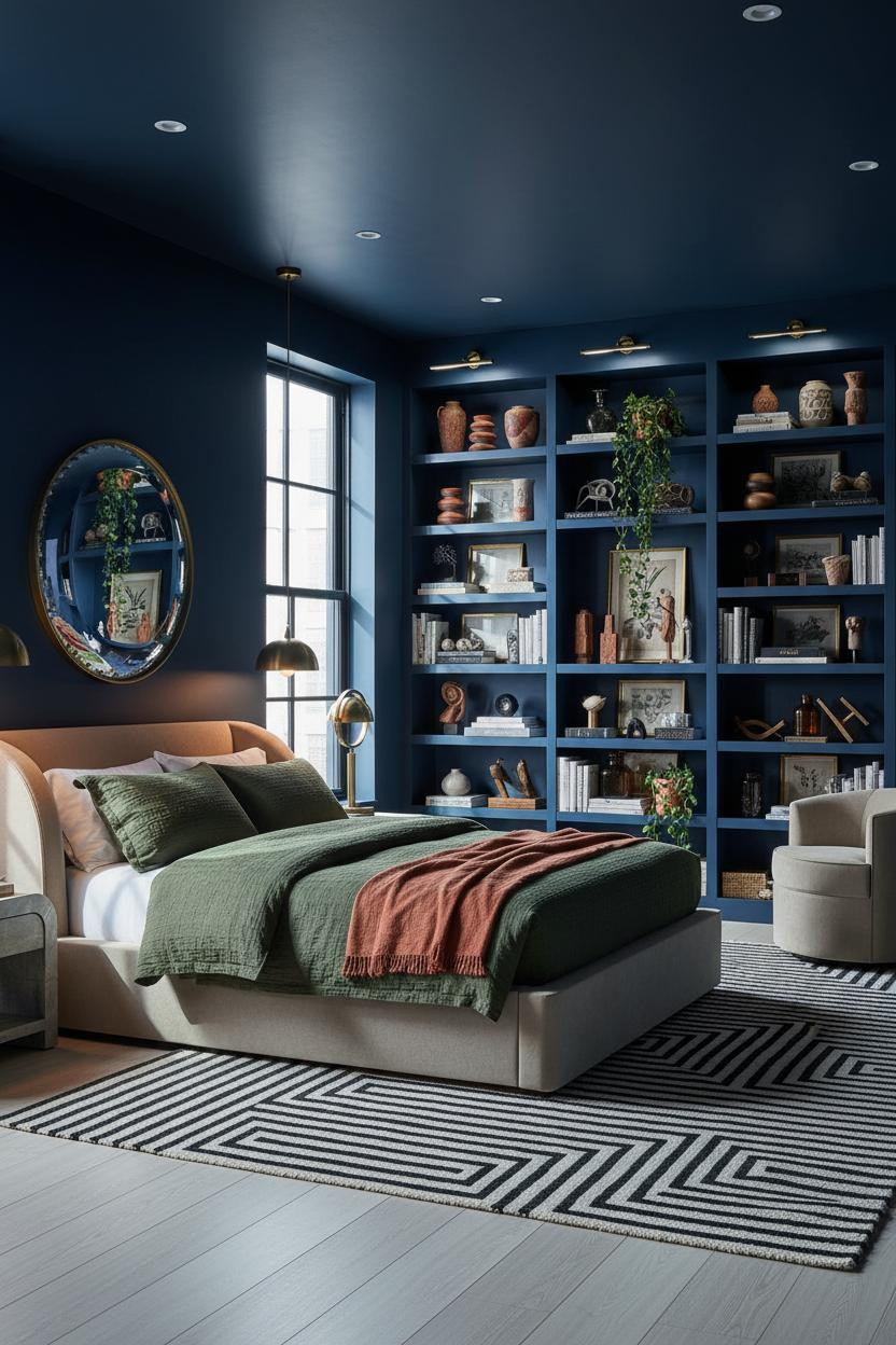 Maximalist Bedroom Dark Indigo Eclectic Bookshelf