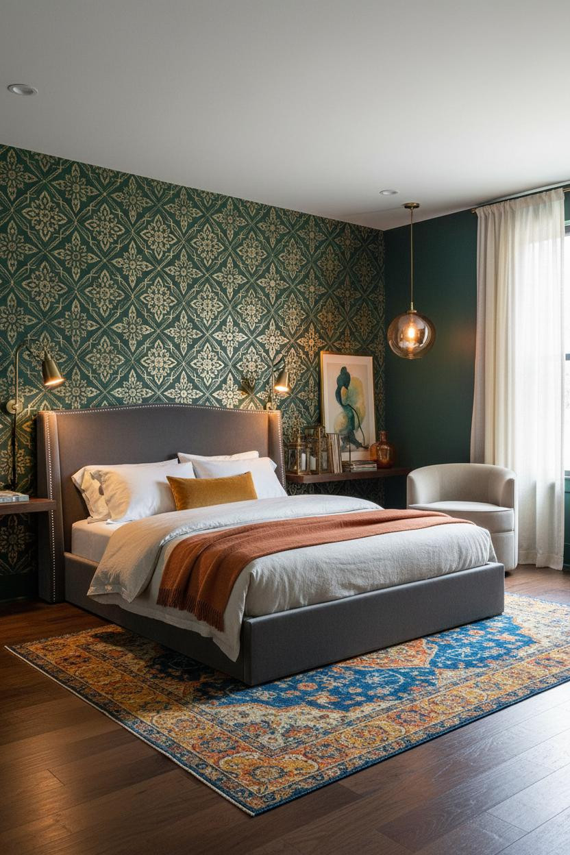 Maximalist Bedroom Jewel Toned Gold Geometric
