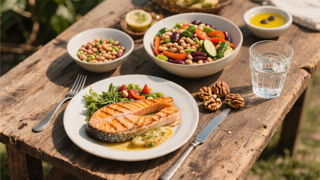 Mediterranean diet meal spread showing salmon, legumes, olive oil and nuts for sleep quality