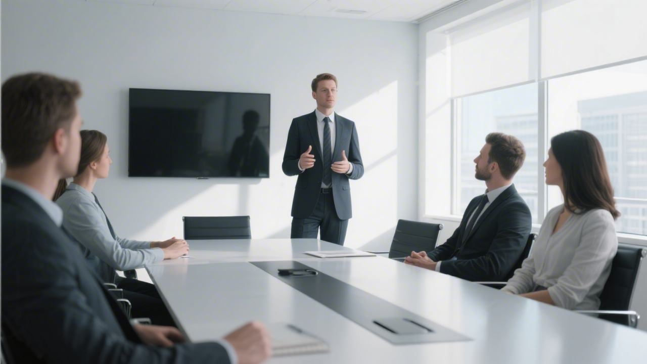 Confident professional leading an important meeting after quality sleep