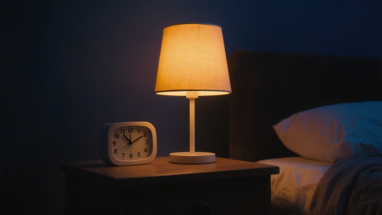 Warm amber evening light on a bedside table representing melatonin onset timing