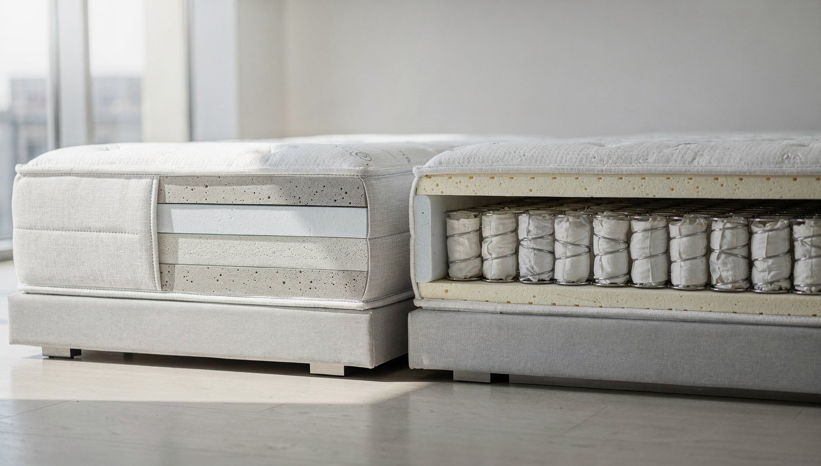 Two mattresses side by side in a showroom-like bright room, one cut open showing dense memory foam layers, the other cut