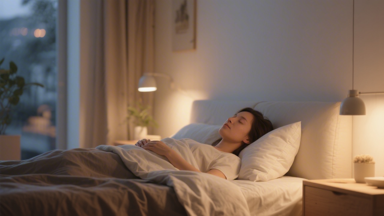 Person practicing mindfulness for sleep in a peaceful bedroom