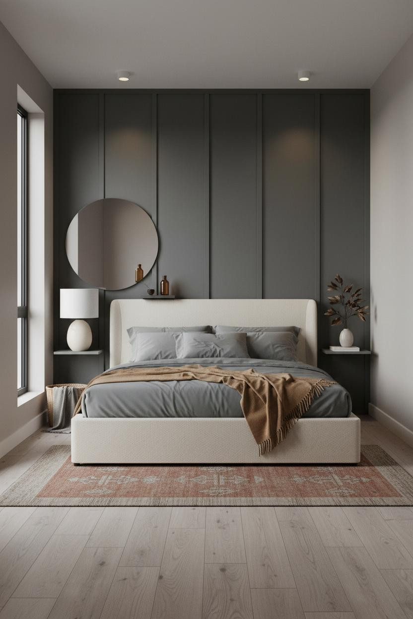 Mini Studio Apartment Charcoal Accent Wall Bedroom