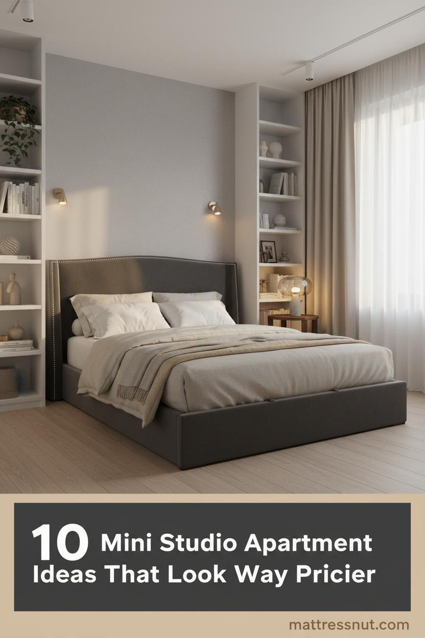 Compact studio bedroom with dove grey limewash wall, floor-to-ceiling white shelving, pale birch floors, and oatmeal linen bedding in warm afternoon light