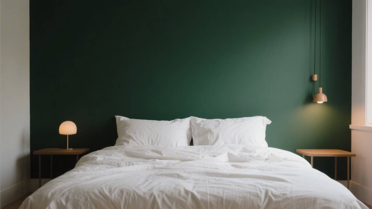 Bedroom accent wall for sleep — dark green matte paint behind bed