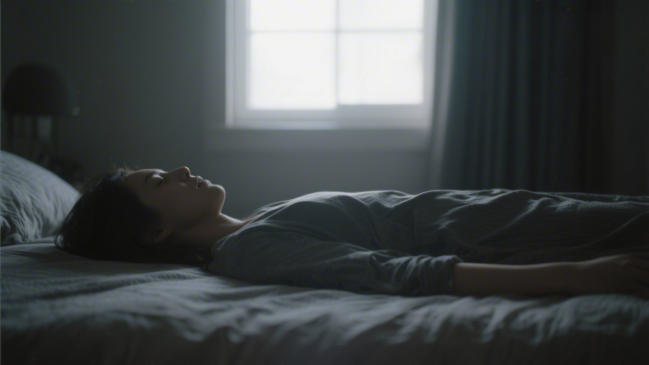 Person resting calmly in a quiet bedroom — accepting sleeplessness