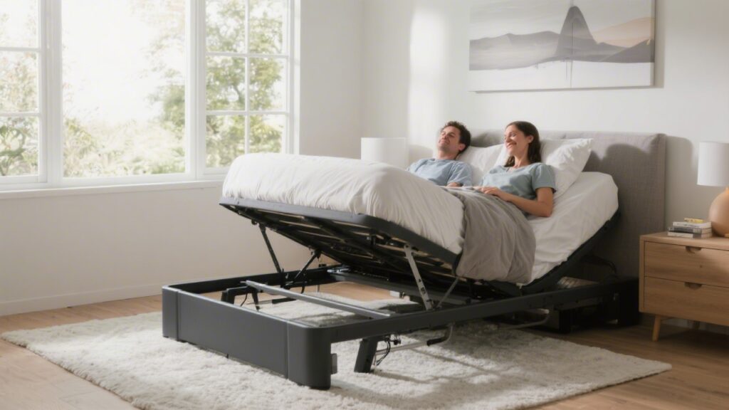 Adjustable bed frame raised at head position in modern bedroom