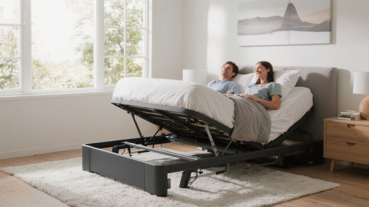 Adjustable bed frame raised at head position in modern bedroom