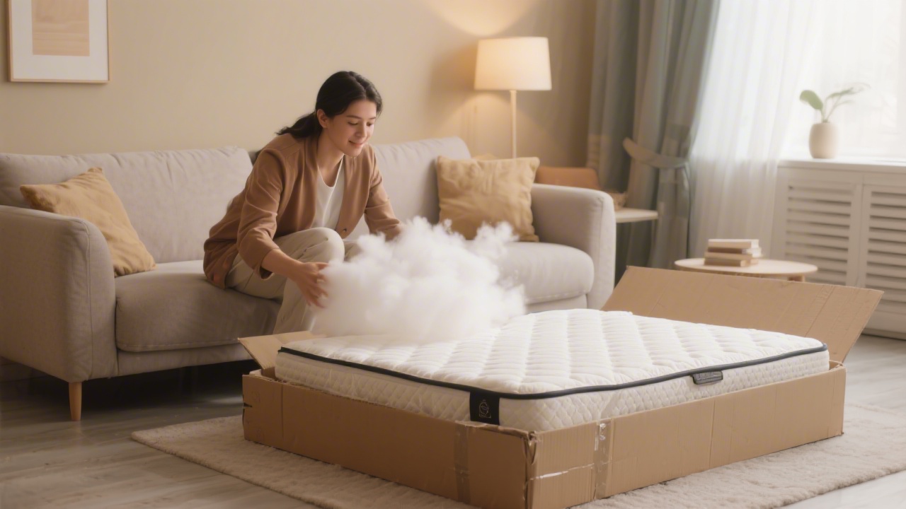 Mattress unboxing from a compressed shipping box in a modern living room