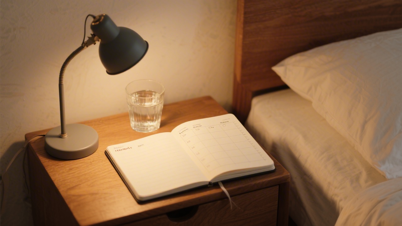 Habit tracker notebook on bedside table representing Atomic Habits sleep routine