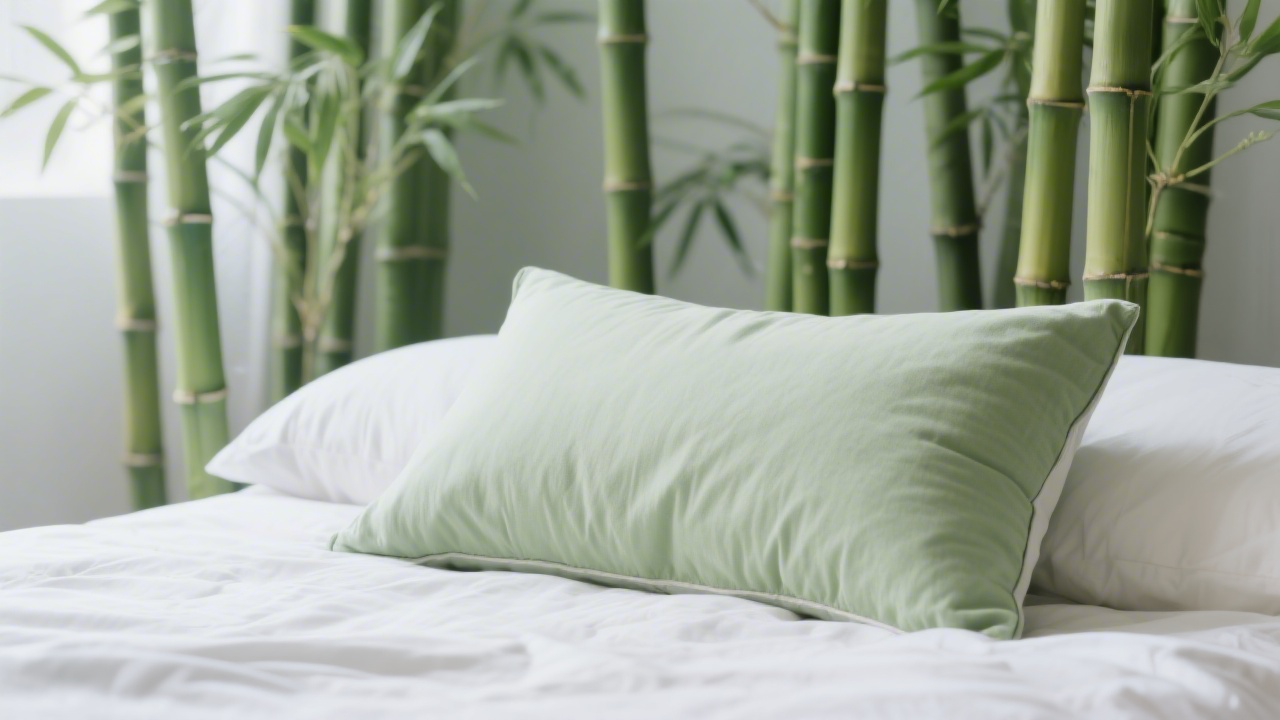 Bamboo pillow on clean modern bed with bamboo textile texture