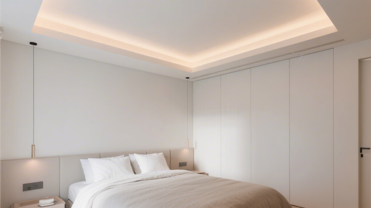 Bedroom ceiling design for sleep — high white ceiling with recessed warm lighting