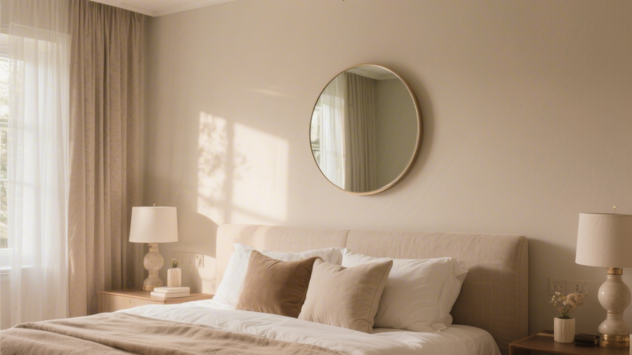 Bedroom mirror placement for sleep — round mirror on side wall not facing bed