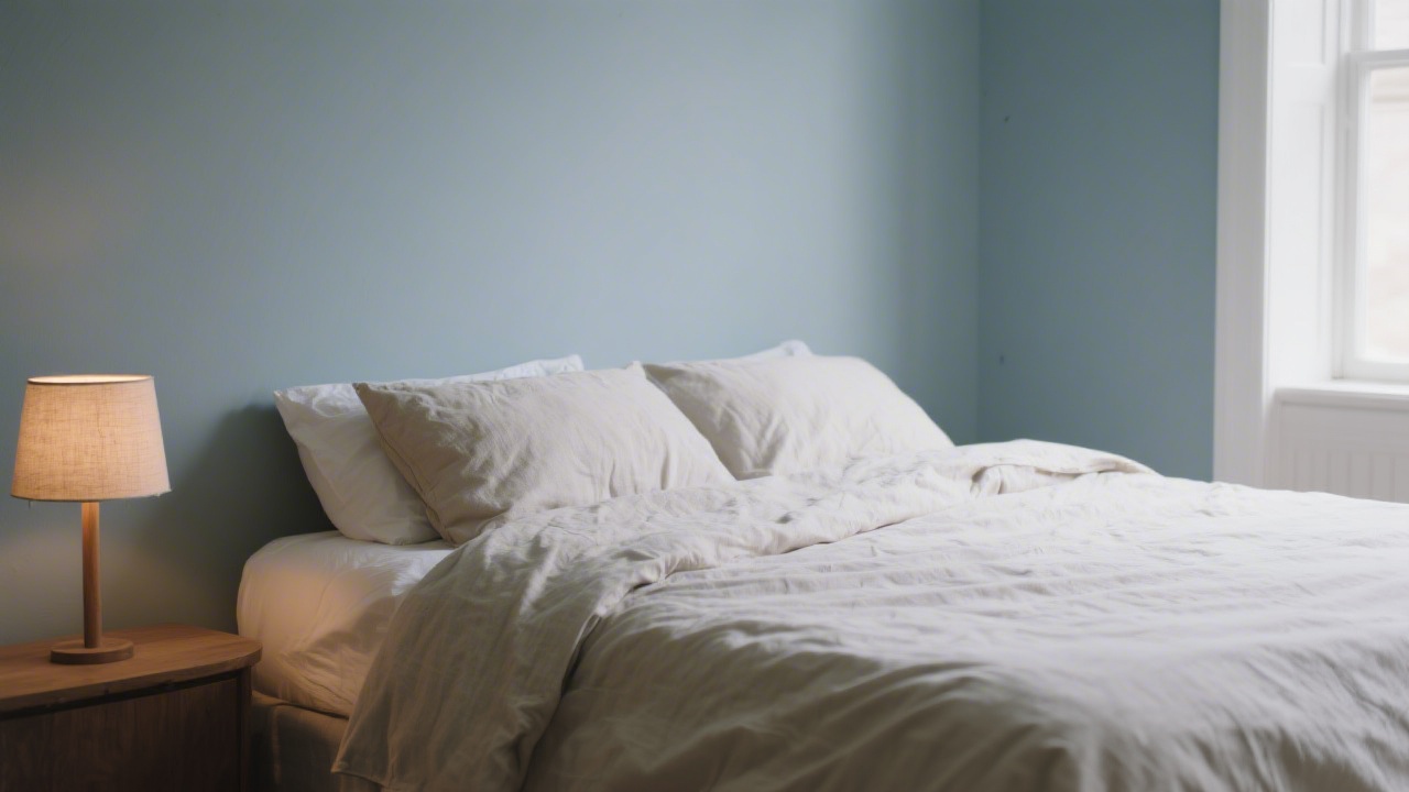 Bedroom with soft blue-gray paint for sleep