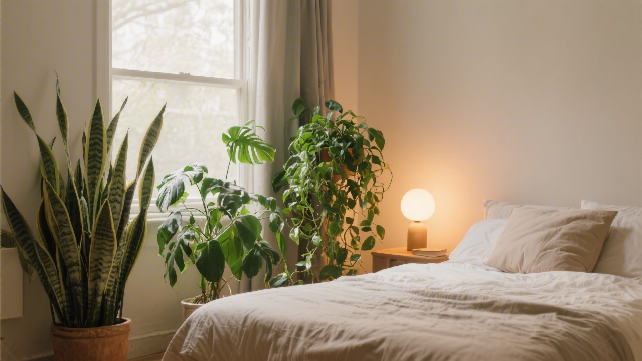 Bedroom with sleep-promoting plants including snake plant and lavender