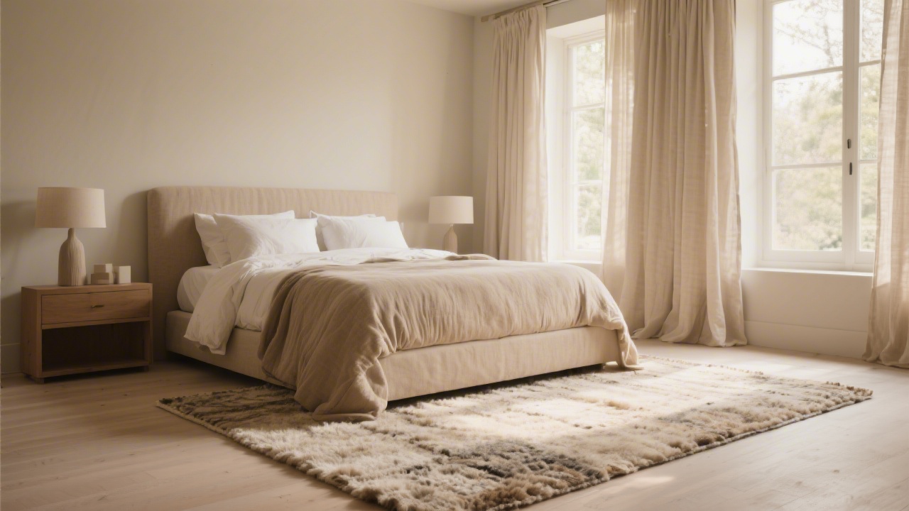 Bedroom rug for better sleep — wool rug placement under king bed