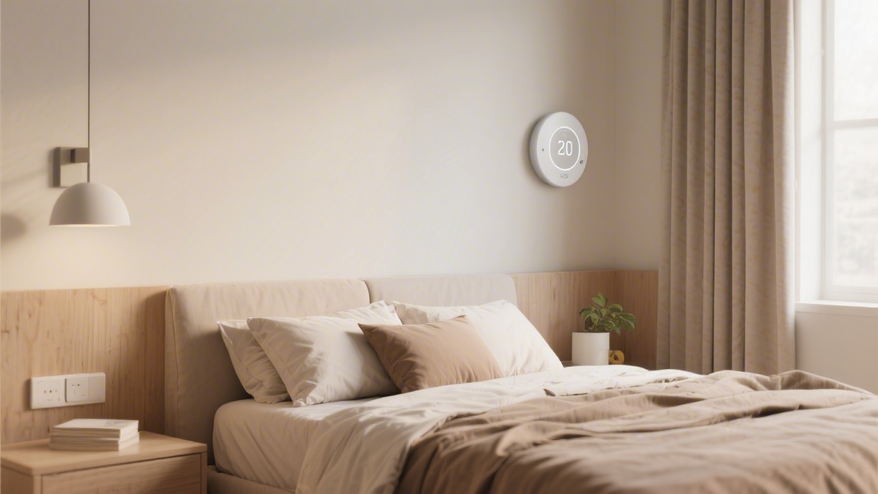 Bedroom with smart thermostat showing optimal sleep temperature settings