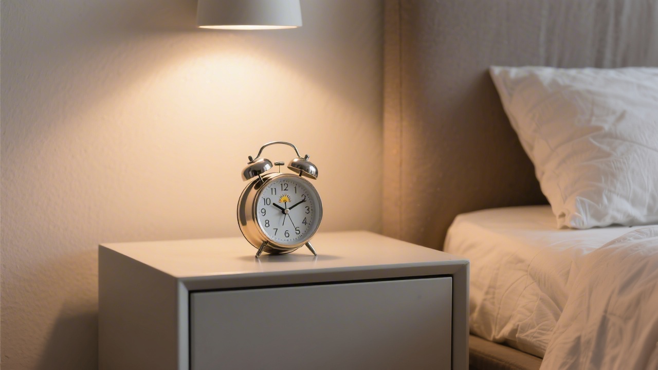 Sunrise alarm clock on bedside table with warm morning light