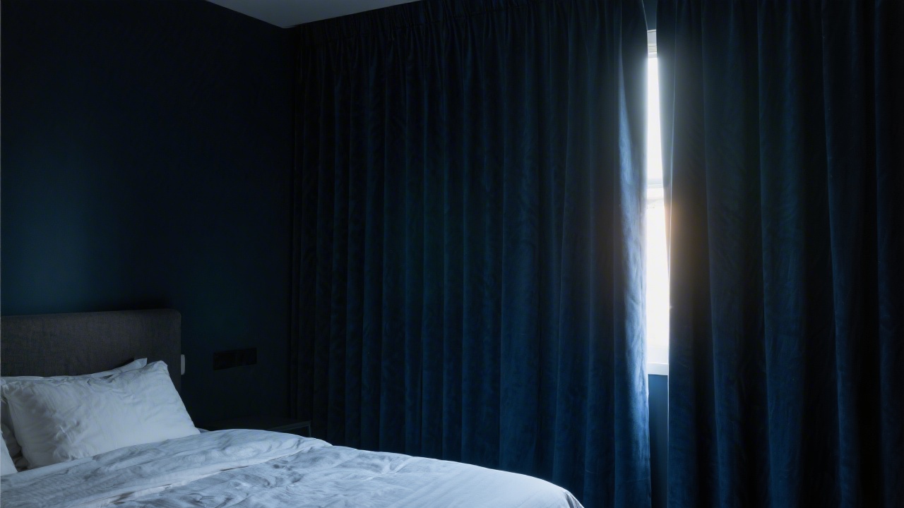 Navy blackout curtains blocking light in bedroom for better sleep
