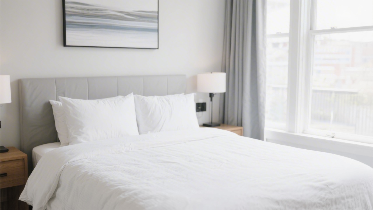 Clean hotel-style bed in an Airbnb short-term rental property