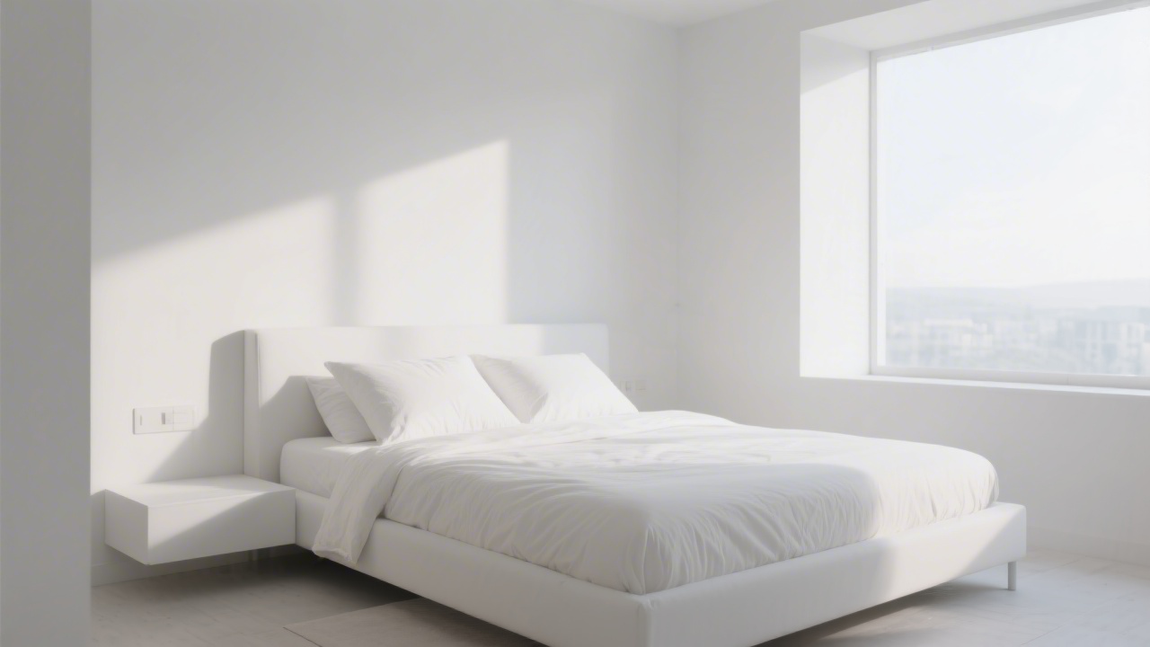 Clean minimal bedroom with firm supportive white bed in morning light