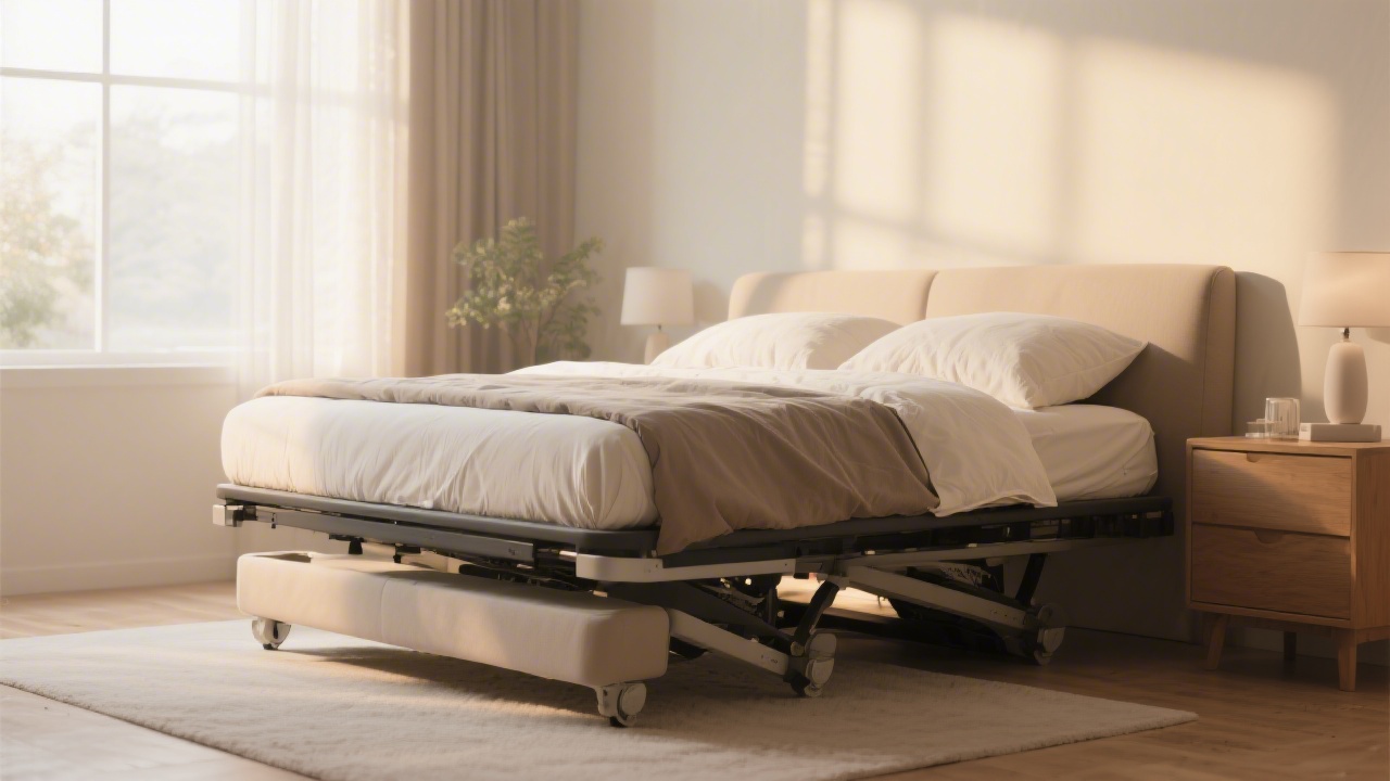 Adjustable bed with feet elevated for plantar fasciitis management